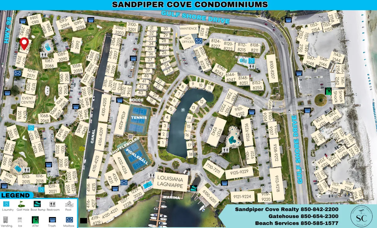 An exterior view showcasing tennis courts, a pool area, an event center, and a marina. The courts are clearly visible, and the vibrant, recreational energy of the community is captured through the variety of amenities shown.